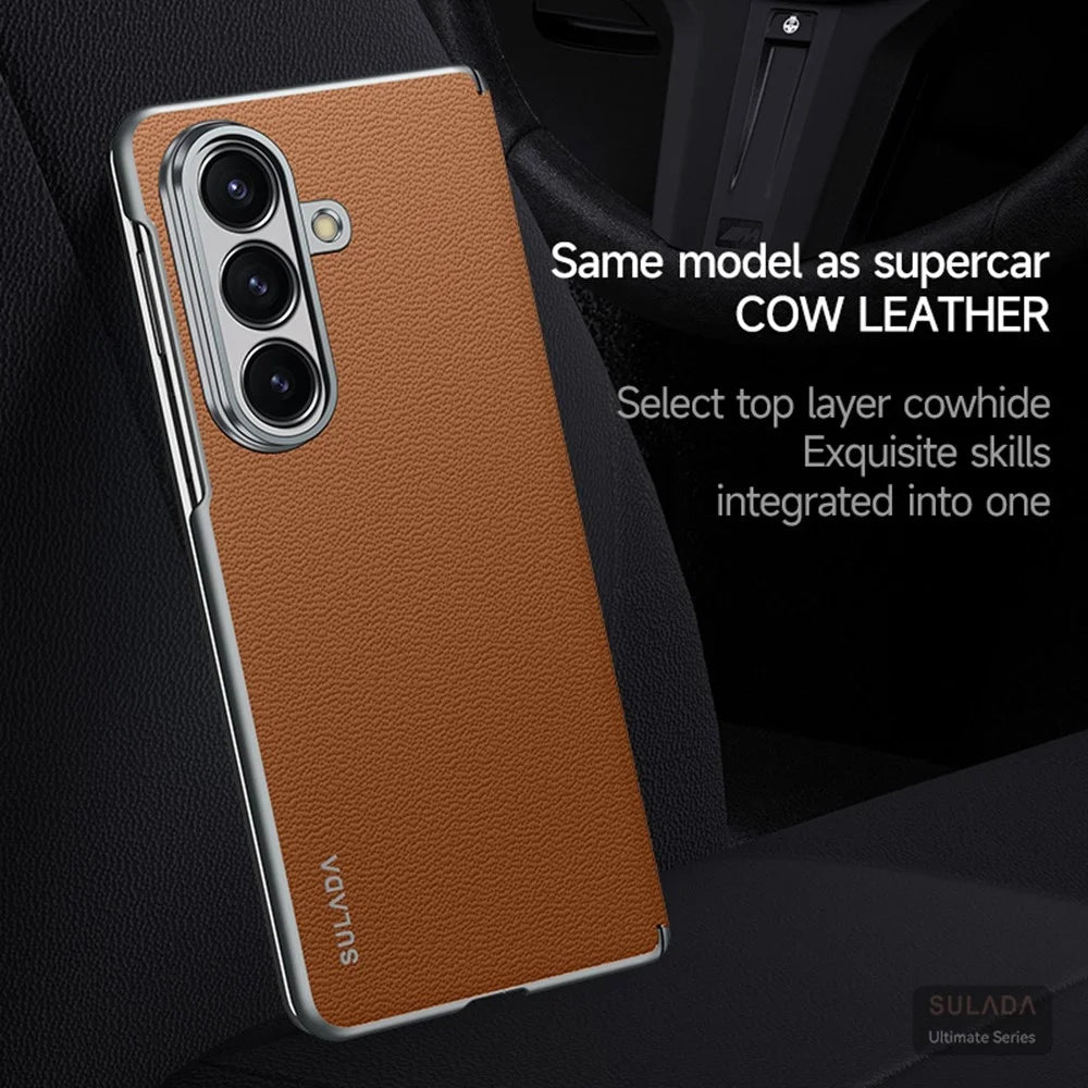 SULADA For Samsung Galaxy Z Fold7 5G Case Genuine Cow Leather Frameless Phone Back Cover - Brown - 4