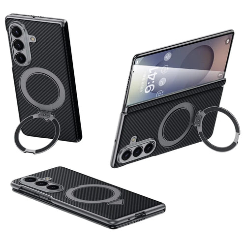 SULADA For Samsung Galaxy Z Fold7 5G Magnetic Case Kickstand PU + PC Phone Cover Carbon Fiber Texture - Black - 1