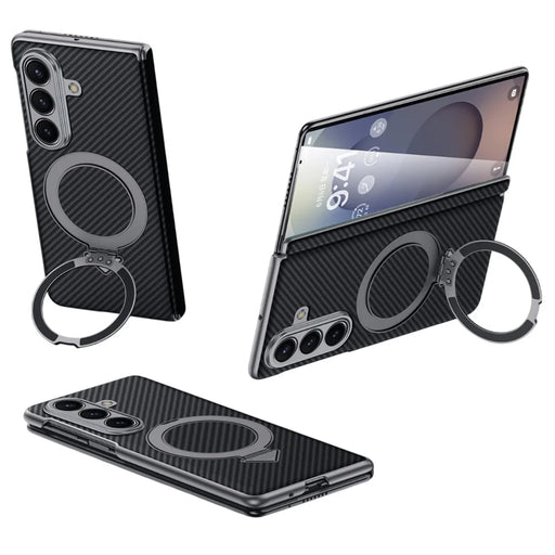 SULADA For Samsung Galaxy Z Fold7 5G Magnetic Case Kickstand PU + PC Phone Cover Carbon Fiber Texture - Black - 1