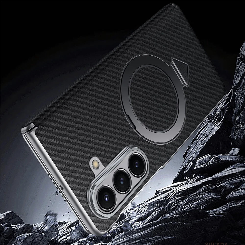 SULADA For Samsung Galaxy Z Fold7 5G Magnetic Case Kickstand PU + PC Phone Cover Carbon Fiber Texture - Black - 5