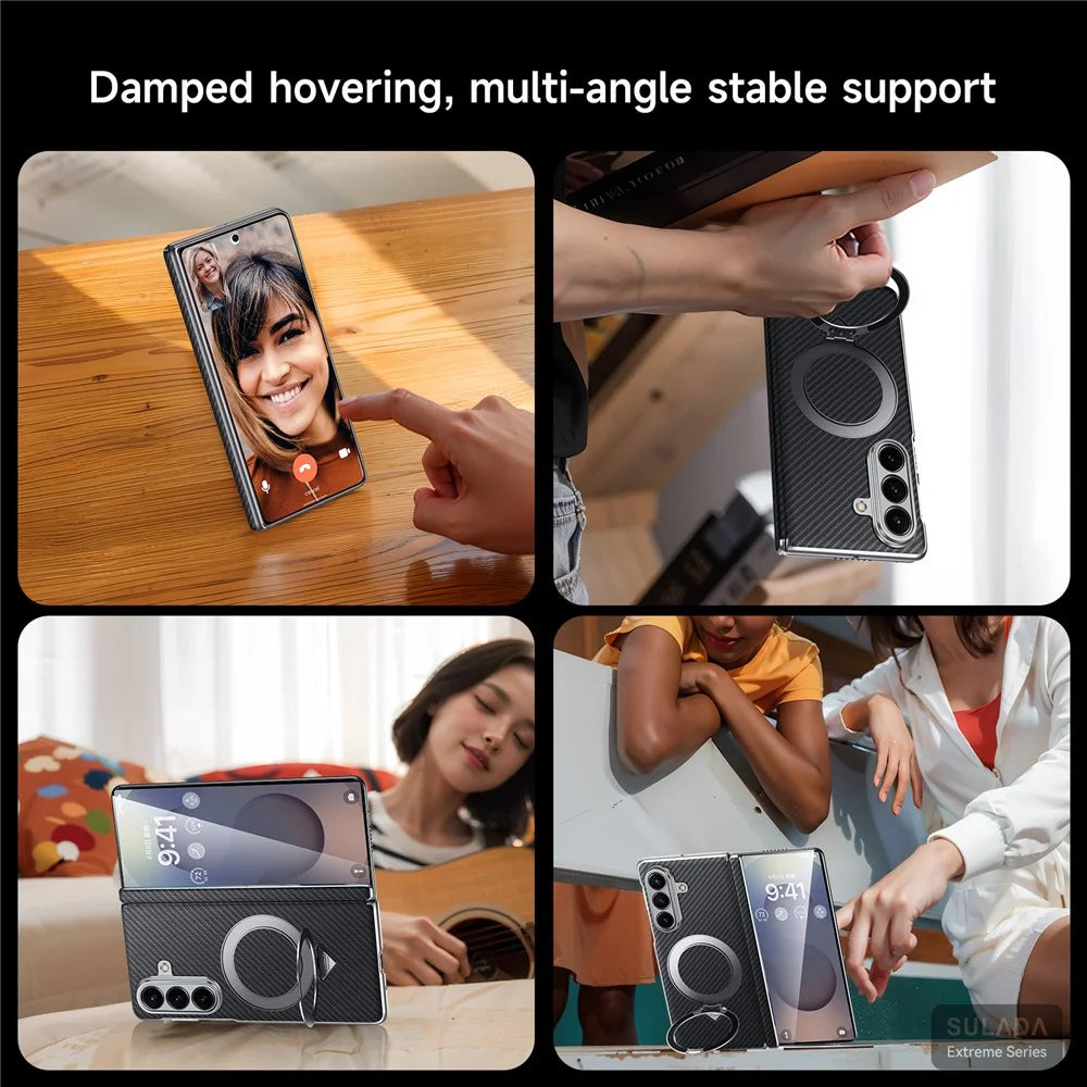 SULADA For Samsung Galaxy Z Fold7 5G Magnetic Case Kickstand PU + PC Phone Cover Carbon Fiber Texture - Black - 7