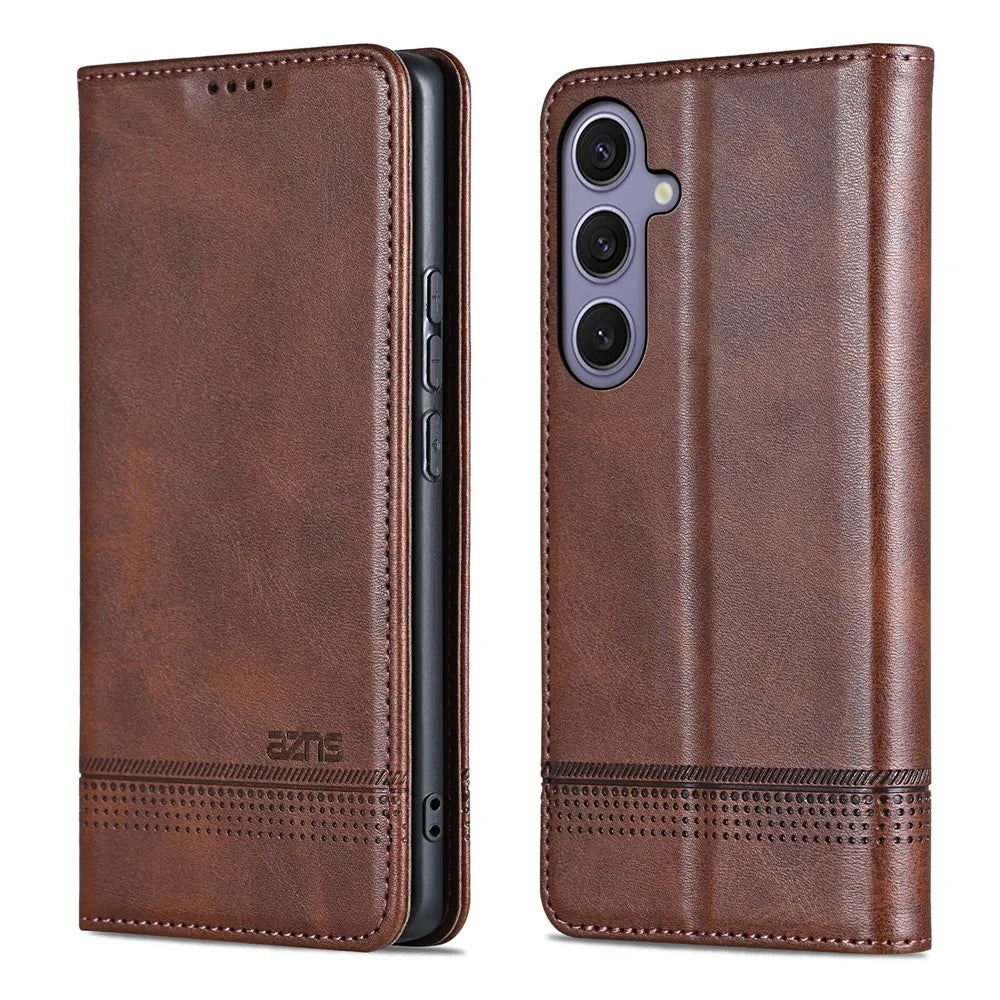 AZNS For Samsung Galaxy S25 FE Case Cowhide Texture PU Leather Wallet Phone Cover - Coffee - 1