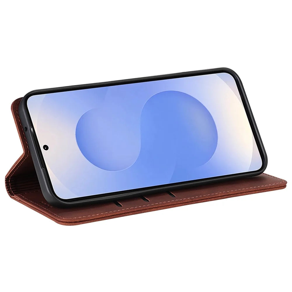 AZNS For Samsung Galaxy S25 FE Case PU Leather Wallet Phone Cover - Brown - 3