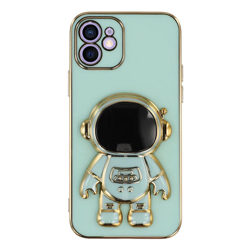 For iPhone 12 Case Electroplating Soft TPU Phone Cover with Astronaut Hidden Kickstand - Green - 1