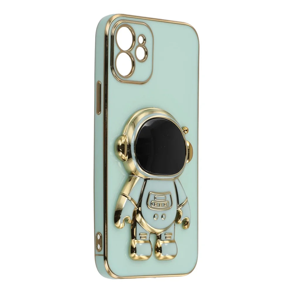 For iPhone 12 Case Electroplating Soft TPU Phone Cover with Astronaut Hidden Kickstand - Green - 3