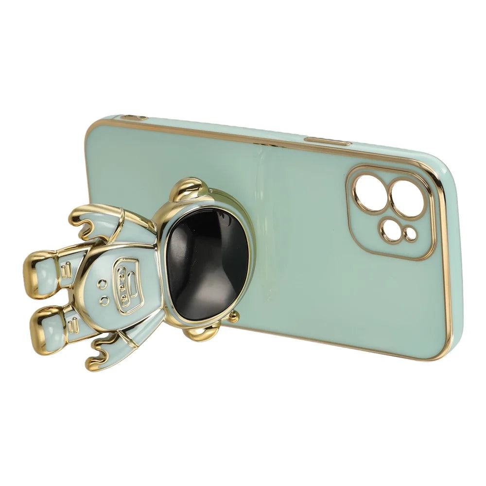 For iPhone 12 Case Electroplating Soft TPU Phone Cover with Astronaut Hidden Kickstand - Green - 5