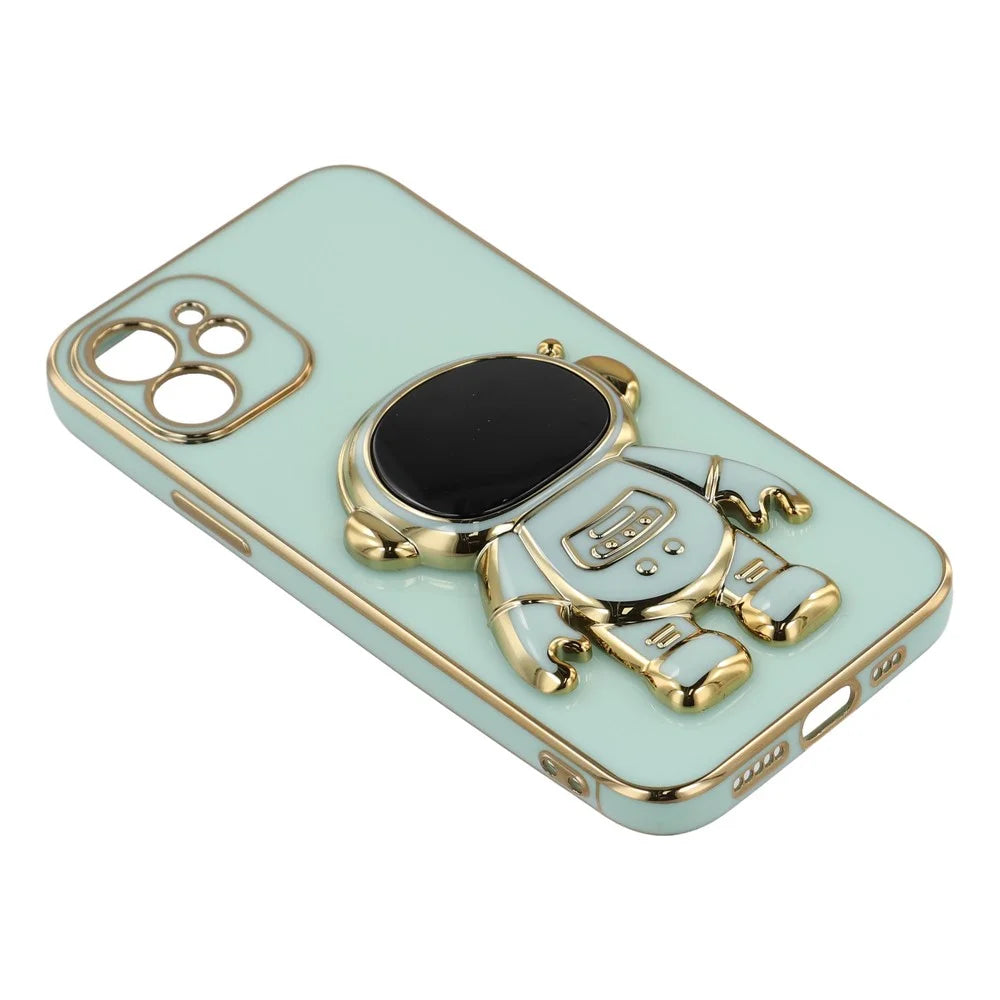 For iPhone 12 Case Electroplating Soft TPU Phone Cover with Astronaut Hidden Kickstand - Green - 6