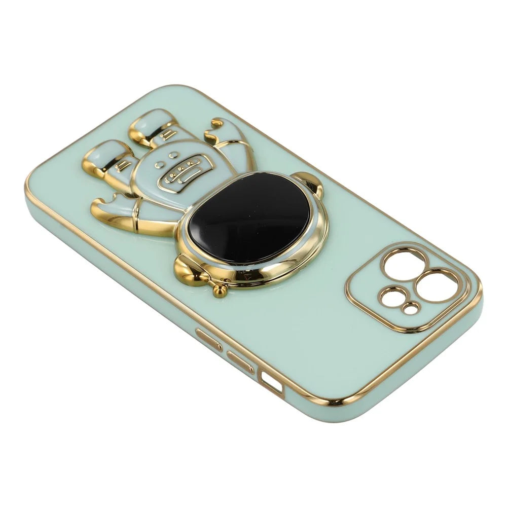 For iPhone 12 Case Electroplating Soft TPU Phone Cover with Astronaut Hidden Kickstand - Green - 7