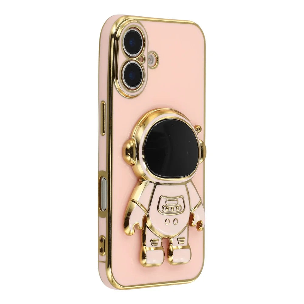 For iPhone 16 Case Electroplating Soft TPU Phone Cover with Astronaut Hidden Kickstand - Pink - 1