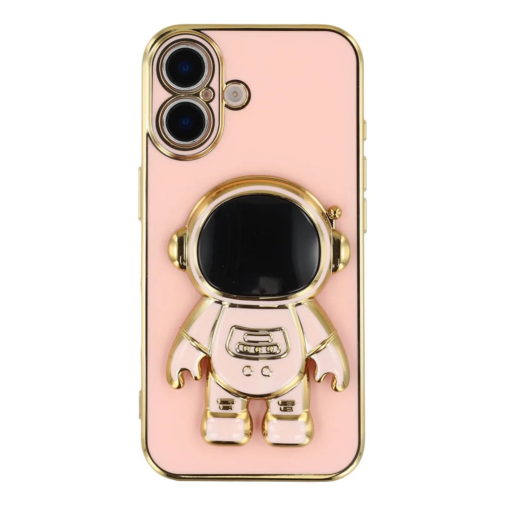 For iPhone 16 Case Electroplating Soft TPU Phone Cover with Astronaut Hidden Kickstand - Pink - 2