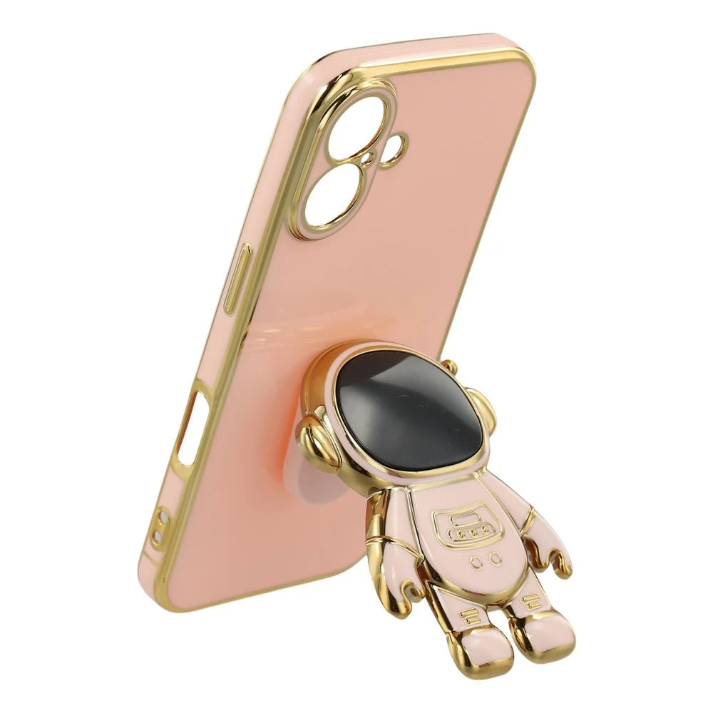 For iPhone 16 Case Electroplating Soft TPU Phone Cover with Astronaut Hidden Kickstand - Pink - 4