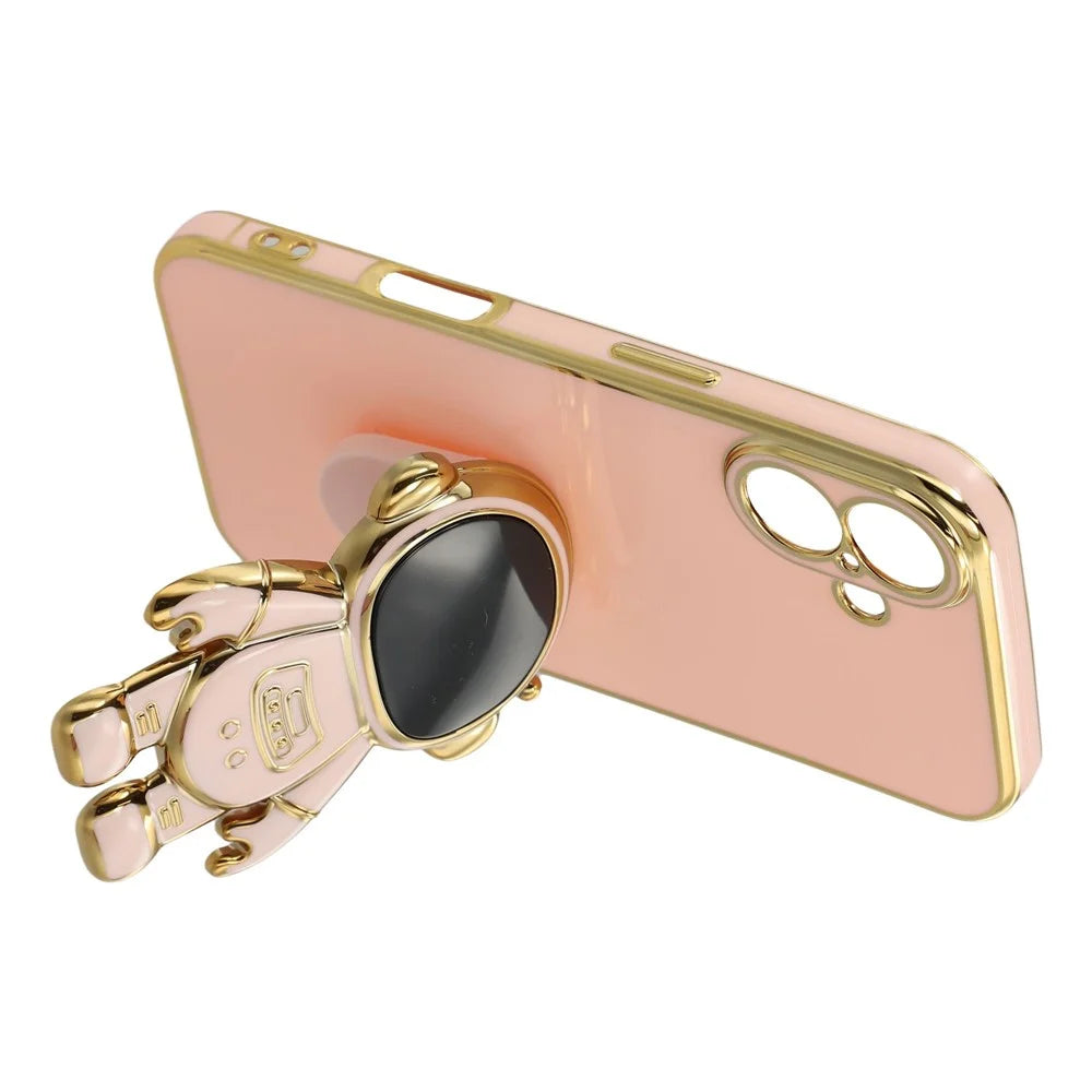 For iPhone 16 Case Electroplating Soft TPU Phone Cover with Astronaut Hidden Kickstand - Pink - 5
