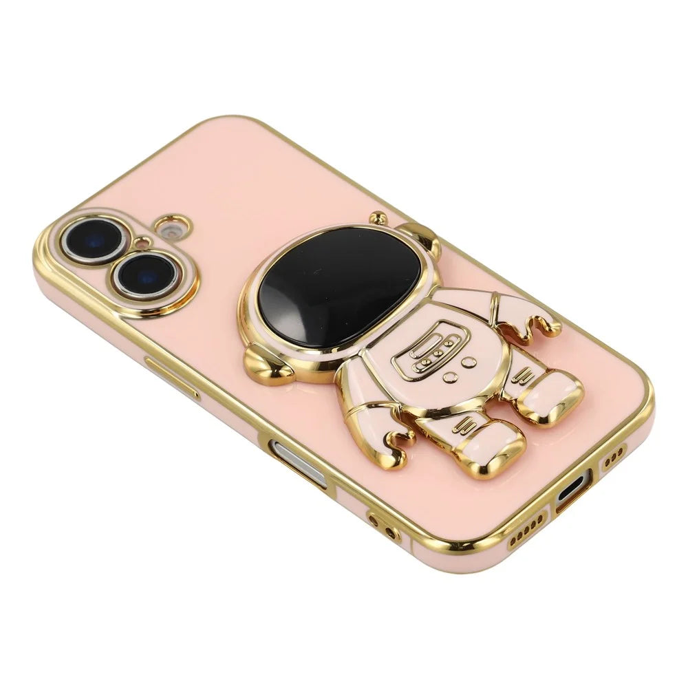 For iPhone 16 Case Electroplating Soft TPU Phone Cover with Astronaut Hidden Kickstand - Pink - 6