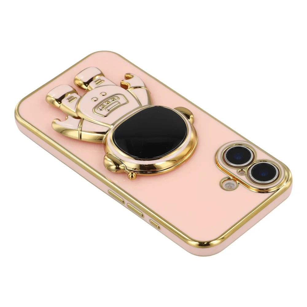 For iPhone 16 Case Electroplating Soft TPU Phone Cover with Astronaut Hidden Kickstand - Pink - 7