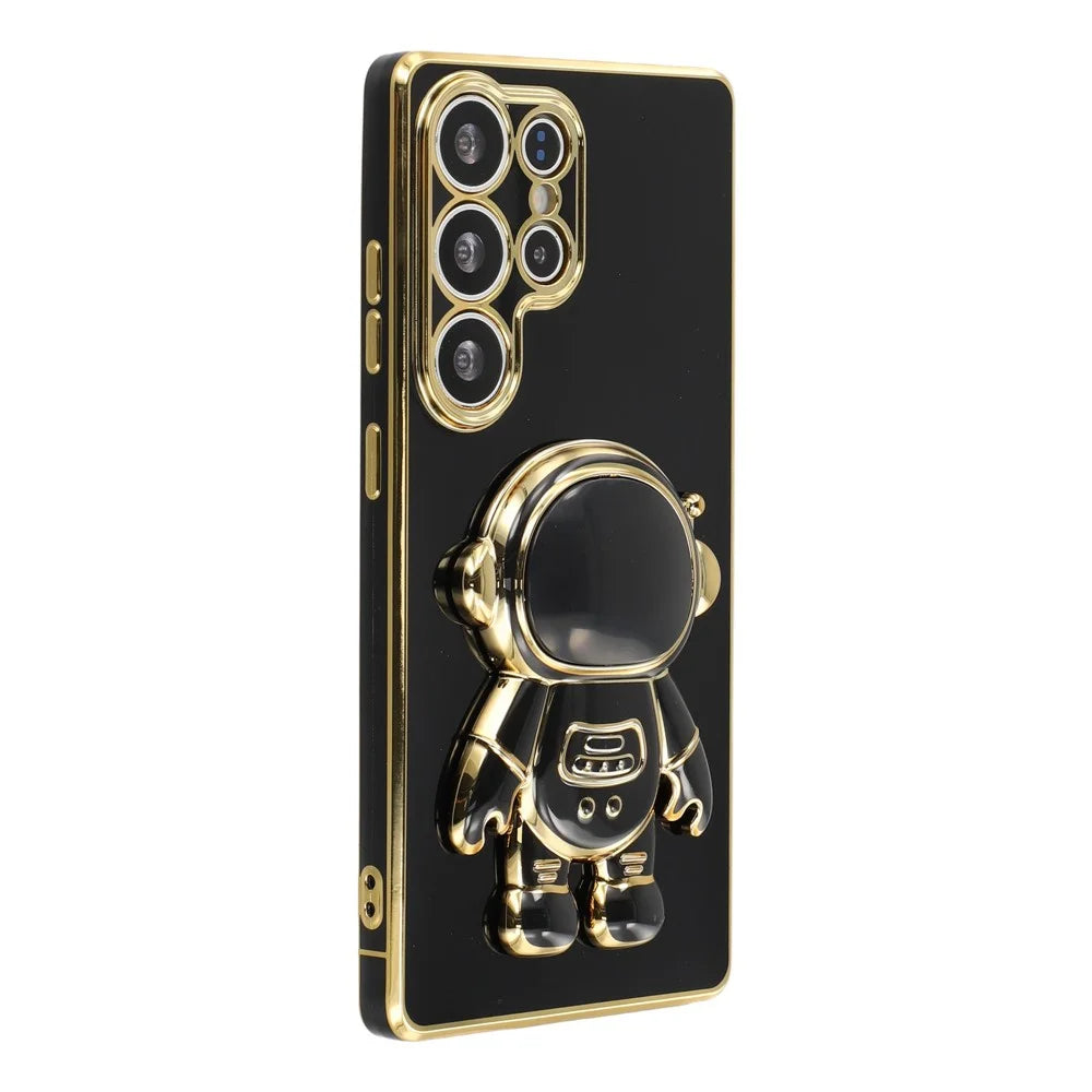 For Samsung Galaxy S23 Ultra Case Electroplating Soft TPU Phone Cover with Astronaut Hidden Kickstand - Black - 1