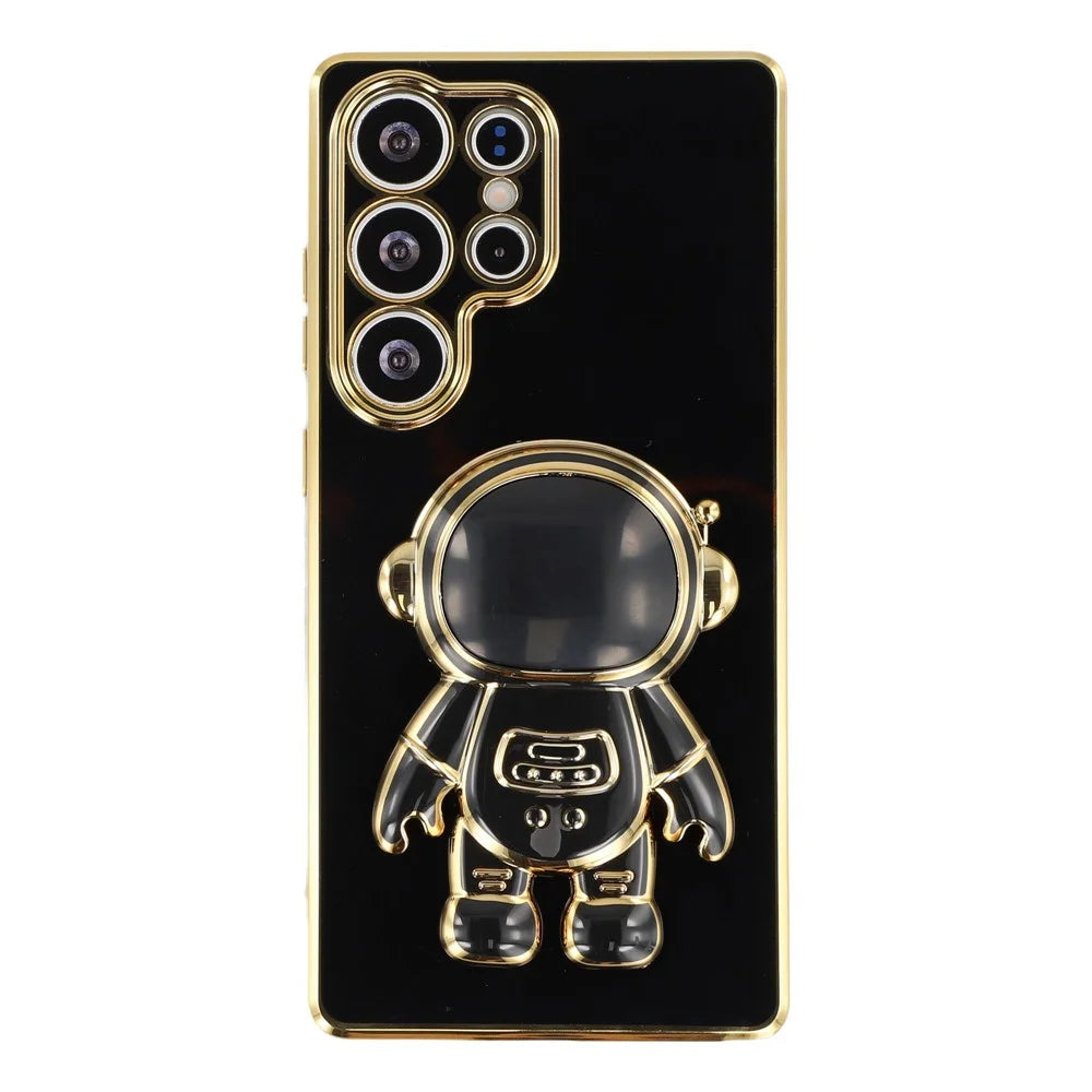 For Samsung Galaxy S23 Ultra Case Electroplating Soft TPU Phone Cover with Astronaut Hidden Kickstand - Black - 2