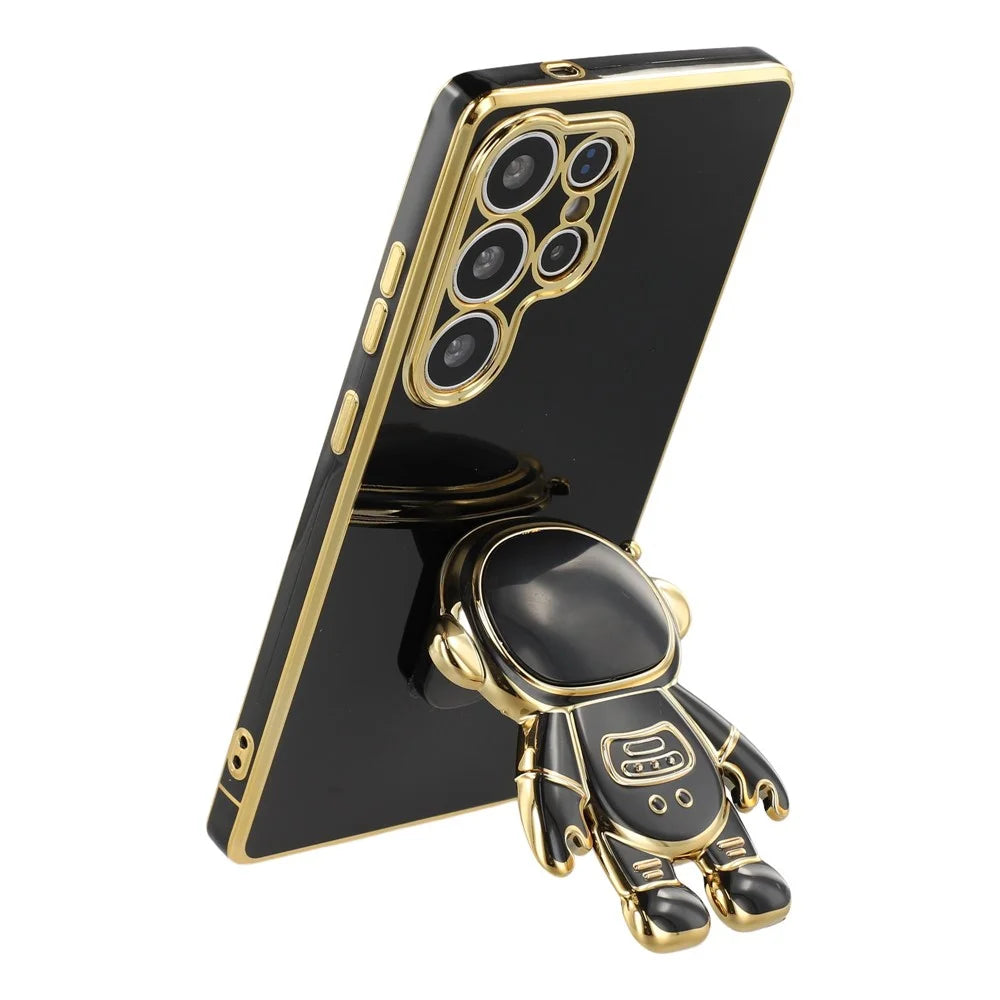 For Samsung Galaxy S23 Ultra Case Electroplating Soft TPU Phone Cover with Astronaut Hidden Kickstand - Black - 3