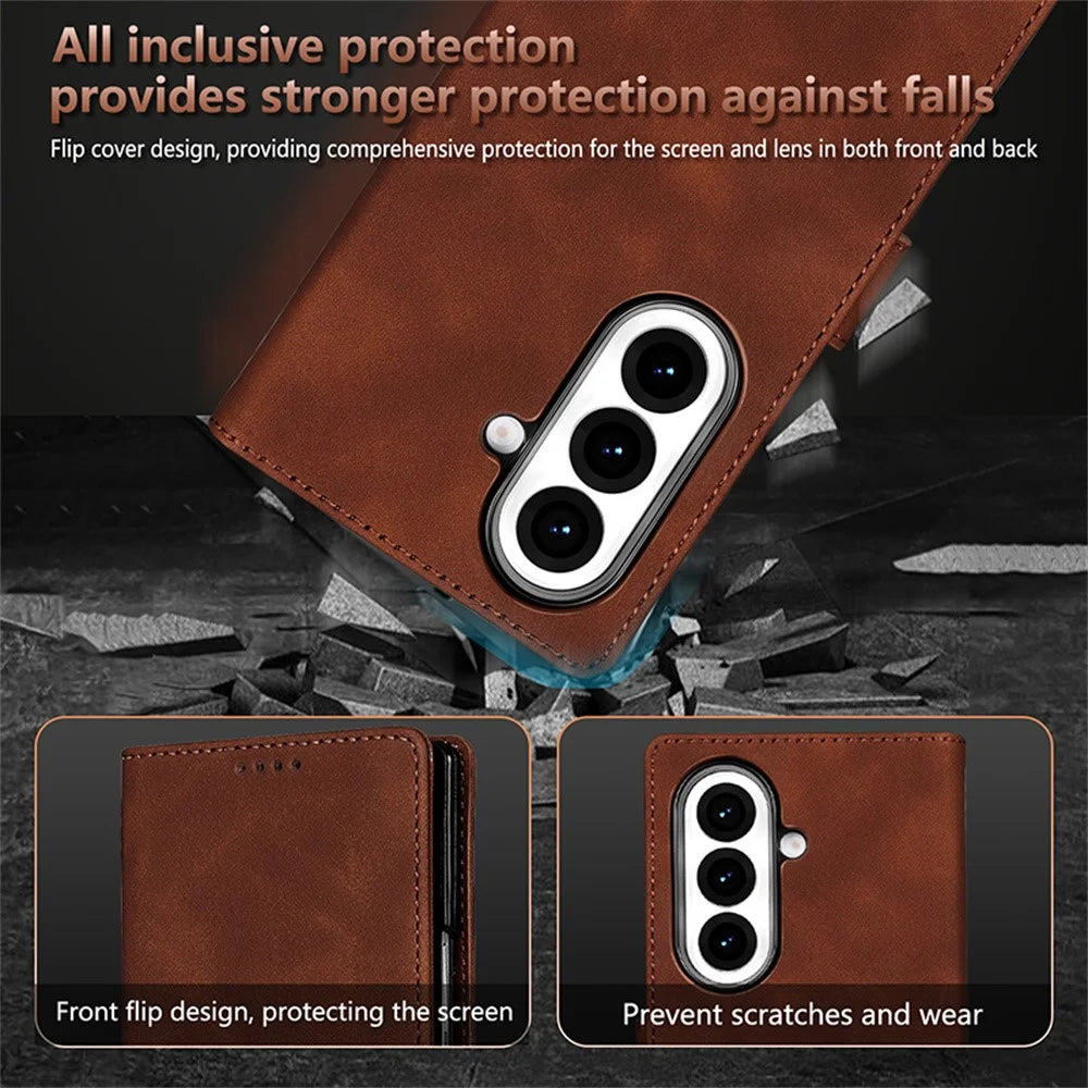 AZNS For Samsung Galaxy Z Fold7 5G Case PU Leather Wallet Phone Cover - Brown - 6