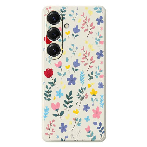 For Samsung Galaxy S25 Case Colorful Flower Branches Pattern Printing Straight Edge TPU Phone Back Cover - Beige - 1