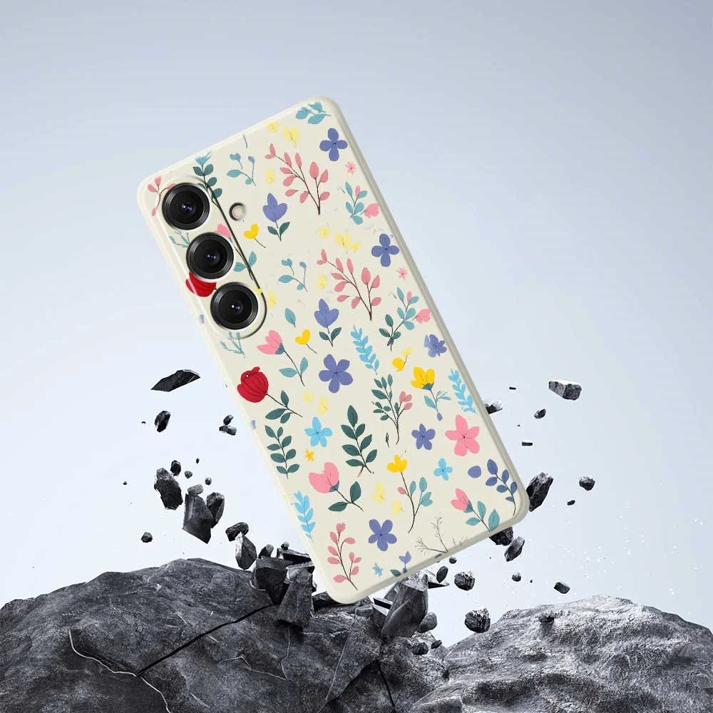 For Samsung Galaxy S25 Case Colorful Flower Branches Pattern Printing Straight Edge TPU Phone Back Cover - Beige - 6