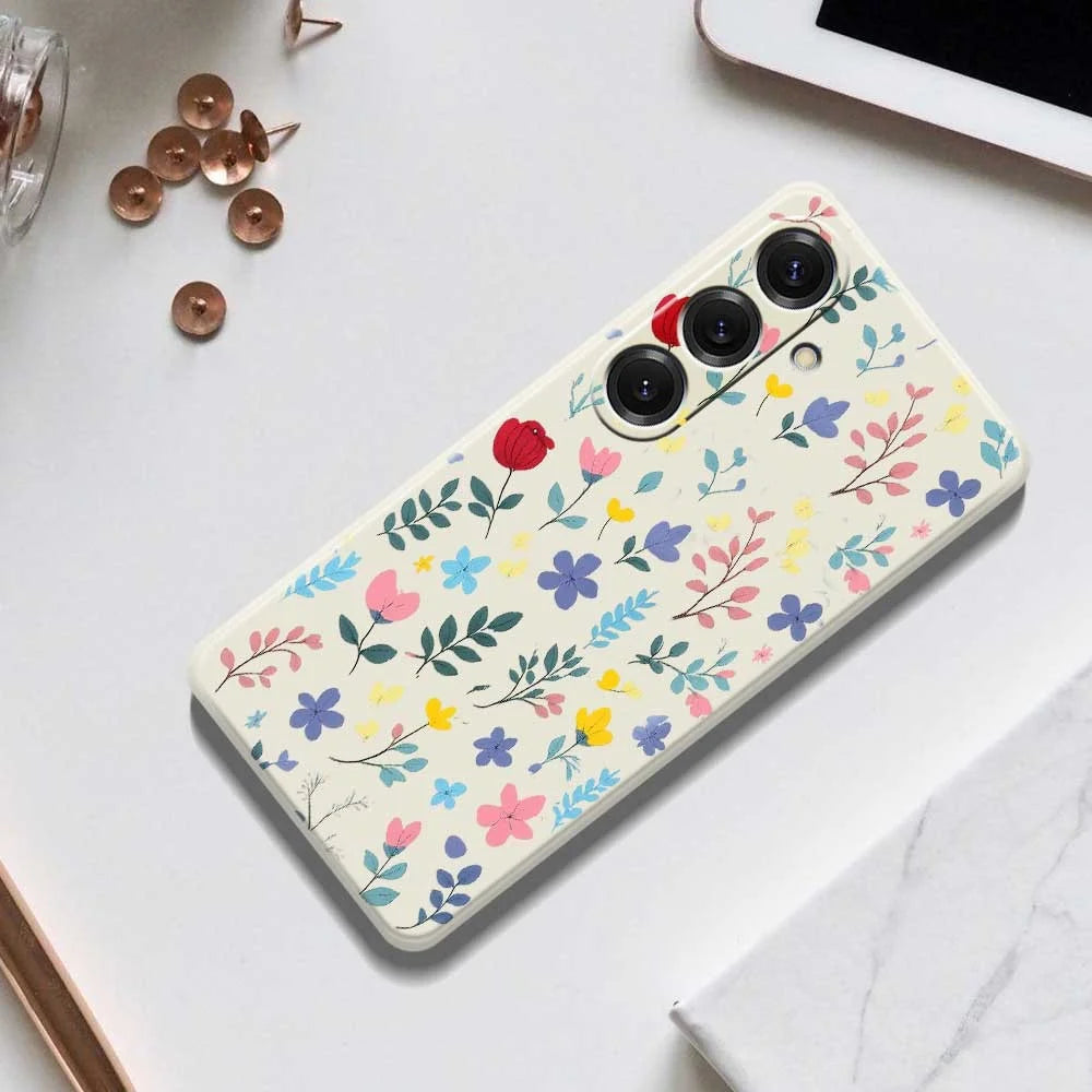 For Samsung Galaxy S25 Case Colorful Flower Branches Pattern Printing Straight Edge TPU Phone Back Cover - Beige - 7