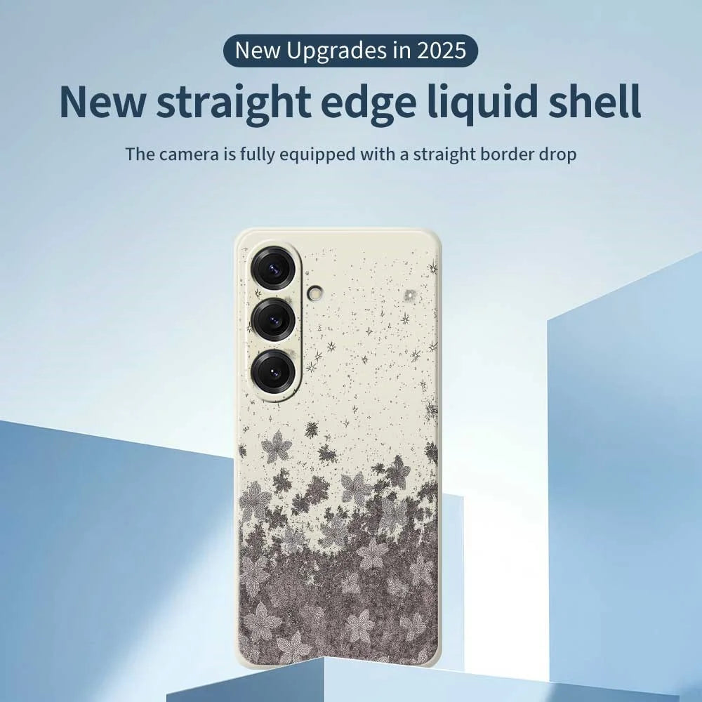 For Samsung Galaxy S25 Case Grey Flowers Pattern Printing Straight Edge TPU Phone Back Cover - Beige - 3
