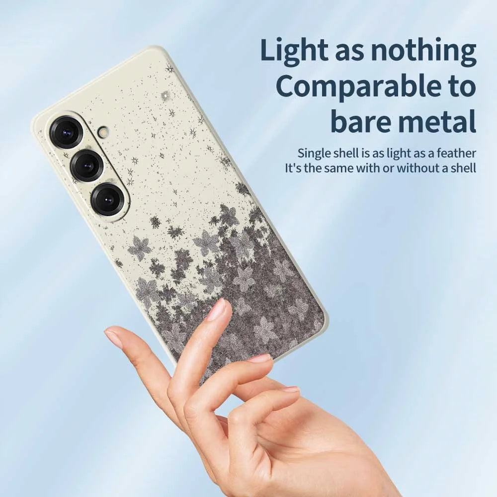 For Samsung Galaxy S25 Case Grey Flowers Pattern Printing Straight Edge TPU Phone Back Cover - Beige - 4