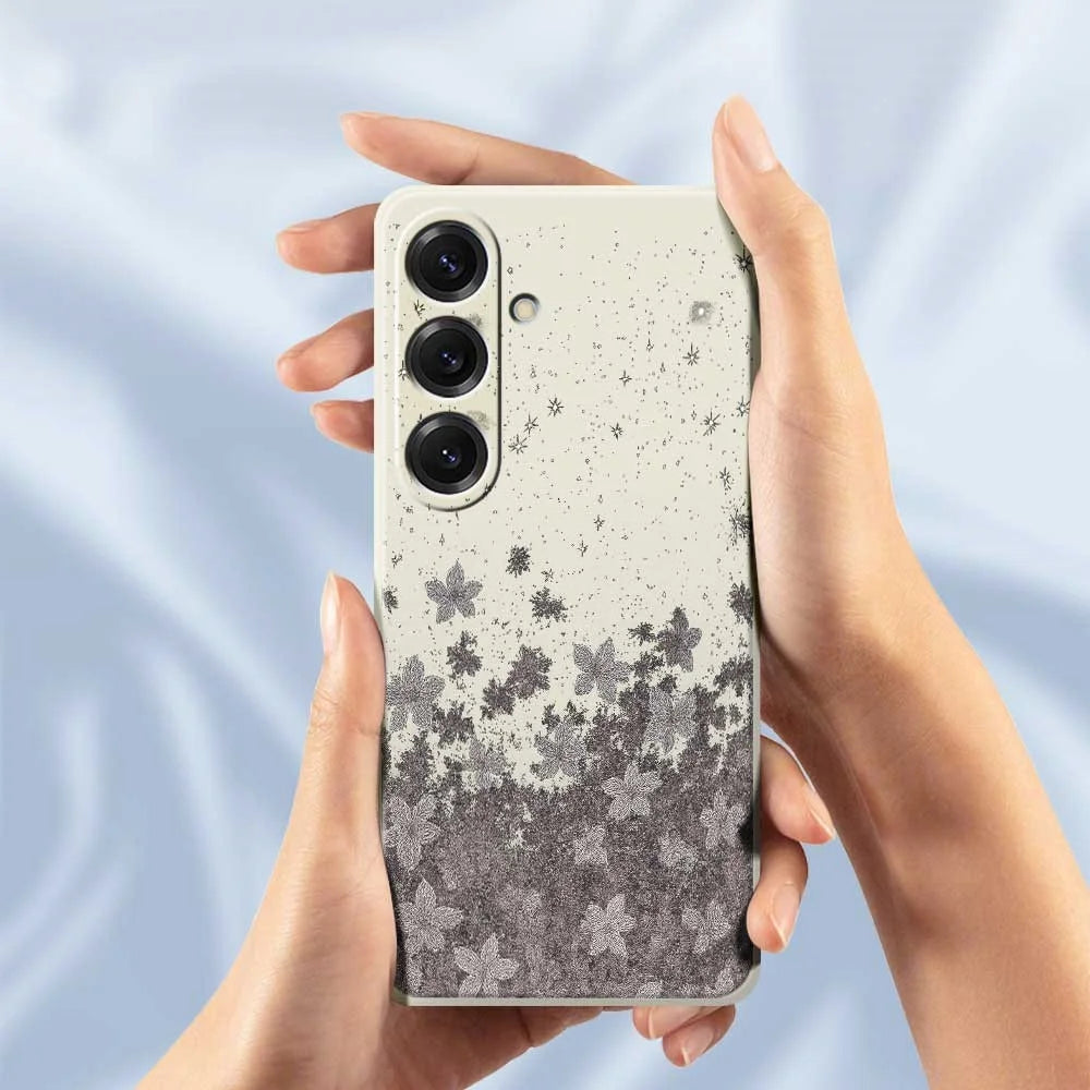 For Samsung Galaxy S25 Case Grey Flowers Pattern Printing Straight Edge TPU Phone Back Cover - Beige - 5