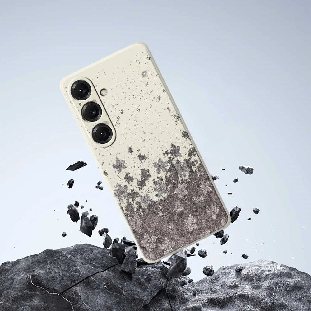For Samsung Galaxy S25 Case Grey Flowers Pattern Printing Straight Edge TPU Phone Back Cover - Beige - 6