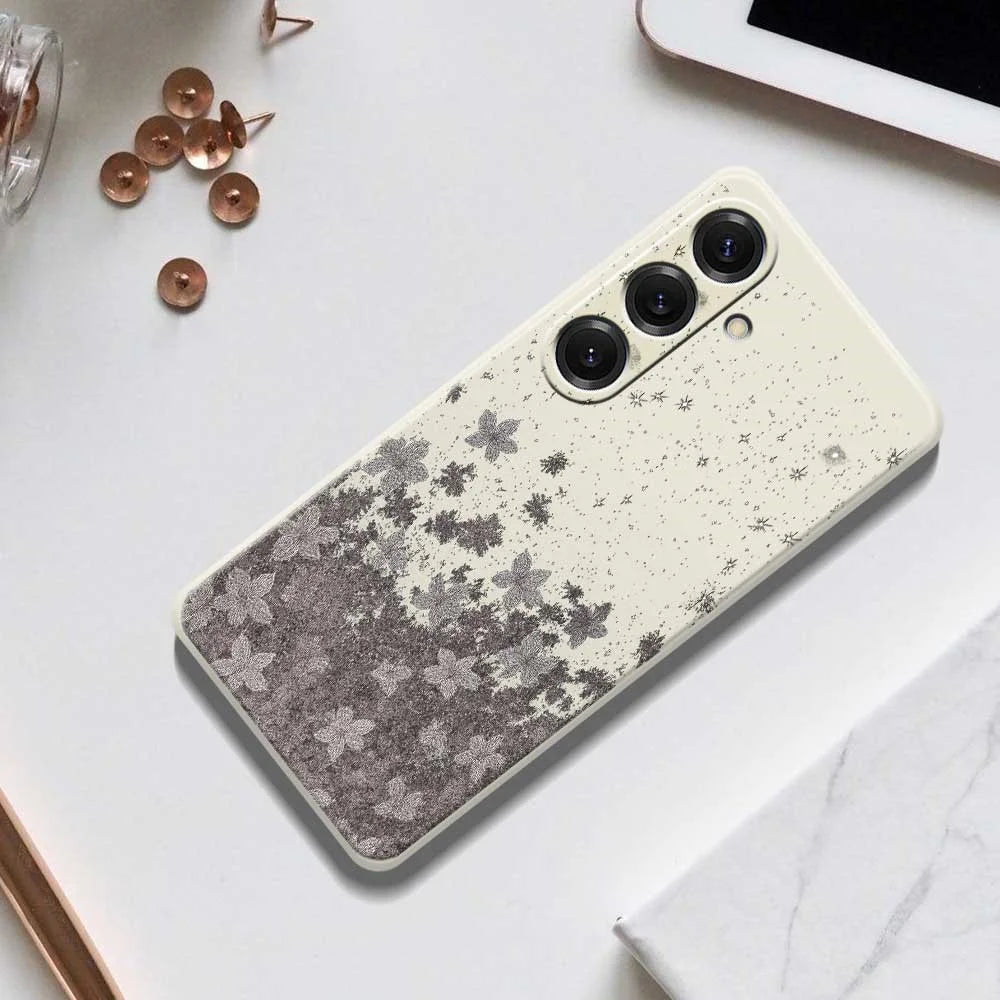 For Samsung Galaxy S25 Case Grey Flowers Pattern Printing Straight Edge TPU Phone Back Cover - Beige - 7