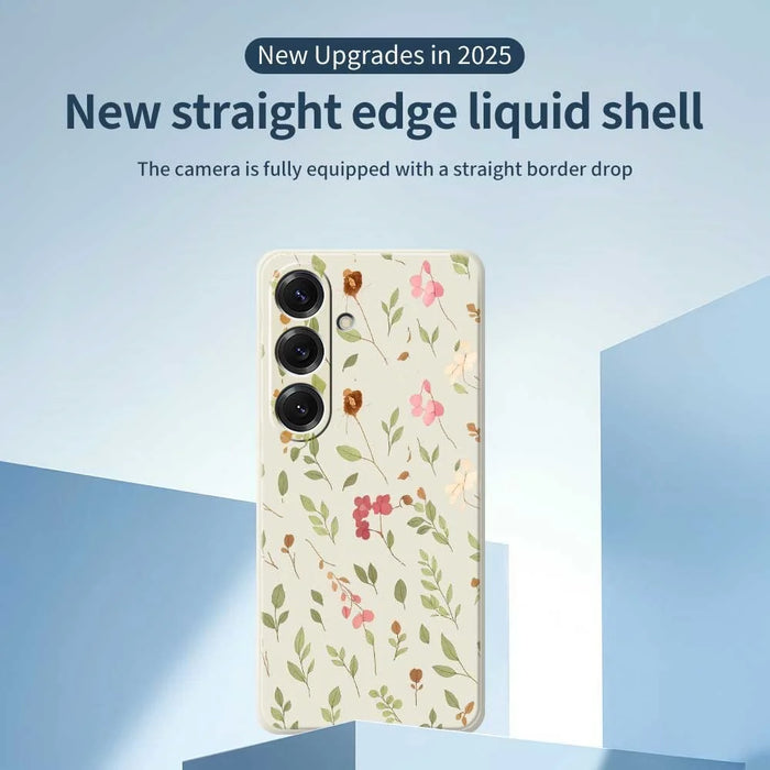 For Samsung Galaxy S25 Case Small Flower Leaves Pattern Printing Straight Edge TPU Phone Back Cover - Beige - 3