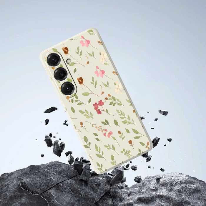 For Samsung Galaxy S25 Case Small Flower Leaves Pattern Printing Straight Edge TPU Phone Back Cover - Beige - 6