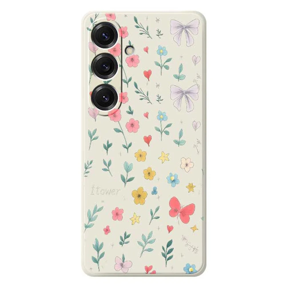 For Samsung Galaxy S25 Case Floral Bow Pattern Printing Straight Edge TPU Phone Back Cover - Beige - 1