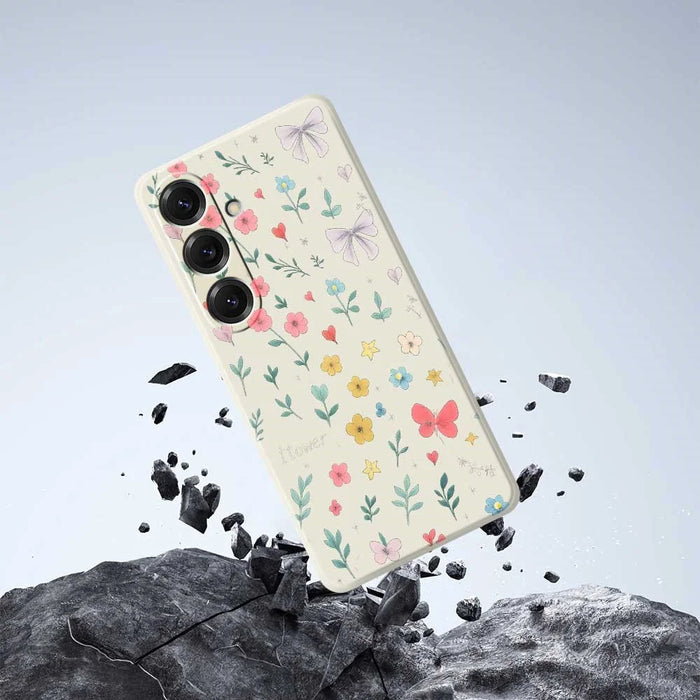 For Samsung Galaxy S25 Case Floral Bow Pattern Printing Straight Edge TPU Phone Back Cover - Beige - 6