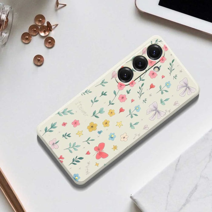 For Samsung Galaxy S25 Case Floral Bow Pattern Printing Straight Edge TPU Phone Back Cover - Beige - 7