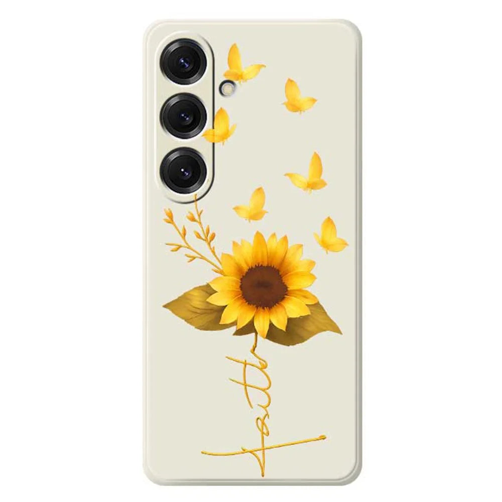 For Samsung Galaxy S25 Case Golden Butterfly Sunflower Pattern Printing Straight Edge TPU Phone Back Cover - Beige - 1