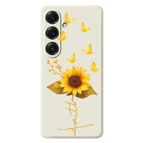 For Samsung Galaxy S25 Case Golden Butterfly Sunflower Pattern Printing Straight Edge TPU Phone Back Cover - Beige - 1