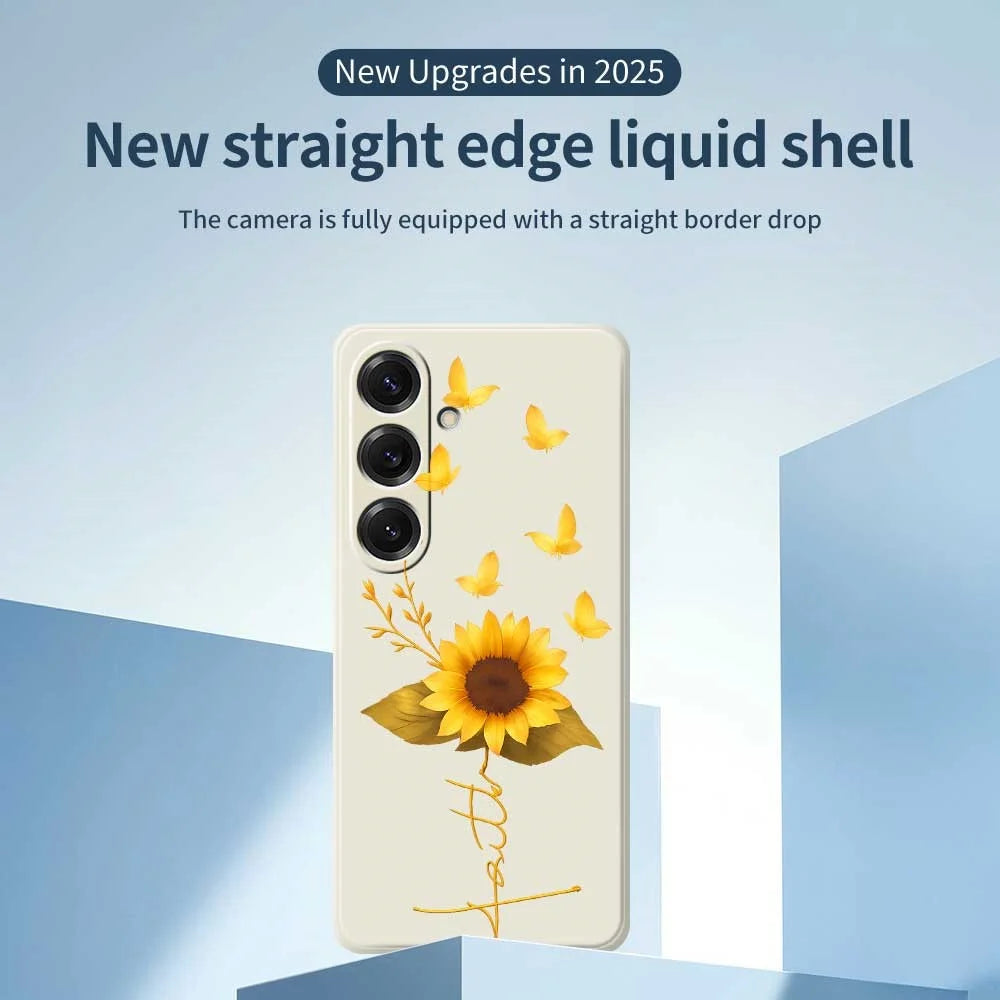 For Samsung Galaxy S25 Case Golden Butterfly Sunflower Pattern Printing Straight Edge TPU Phone Back Cover - Beige - 3