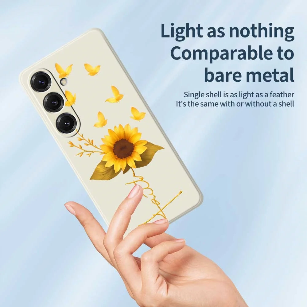 For Samsung Galaxy S25 Case Golden Butterfly Sunflower Pattern Printing Straight Edge TPU Phone Back Cover - Beige - 4