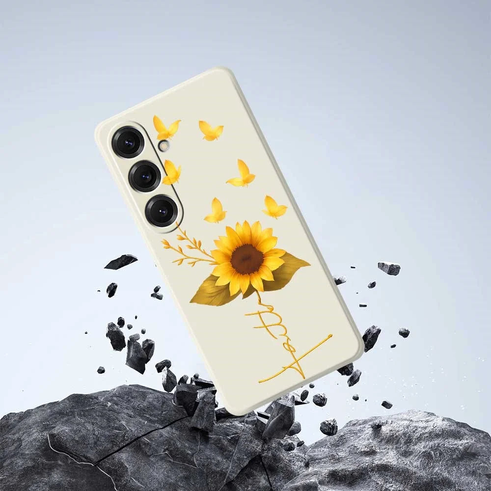 For Samsung Galaxy S25 Case Golden Butterfly Sunflower Pattern Printing Straight Edge TPU Phone Back Cover - Beige - 6