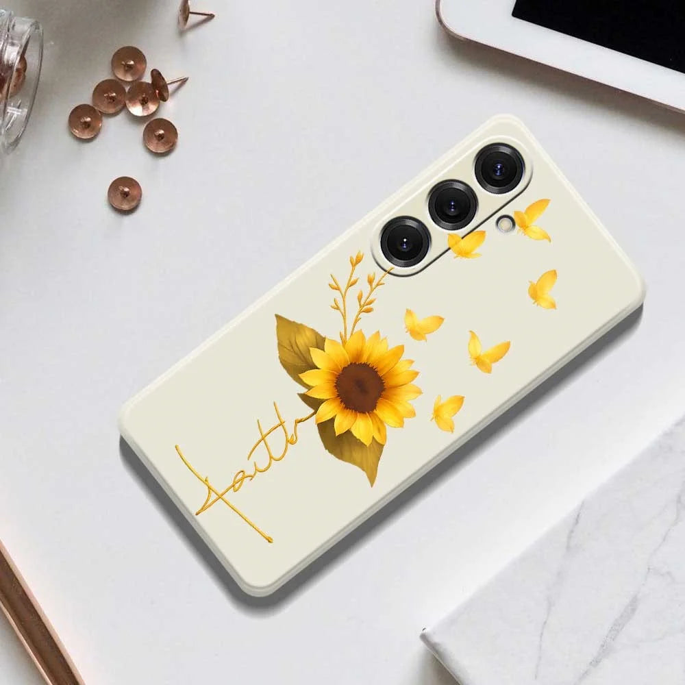For Samsung Galaxy S25 Case Golden Butterfly Sunflower Pattern Printing Straight Edge TPU Phone Back Cover - Beige - 7