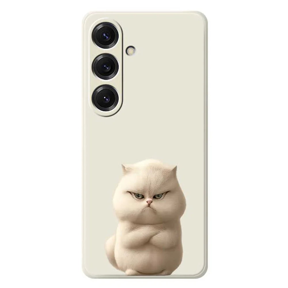 For Samsung Galaxy S25 Case Angry Cat Pattern Printing Straight Edge TPU Phone Back Cover - Beige - 1