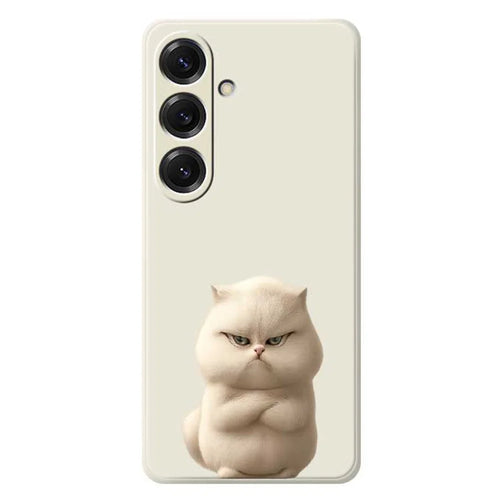 For Samsung Galaxy S25 Case Angry Cat Pattern Printing Straight Edge TPU Phone Back Cover - Beige - 1