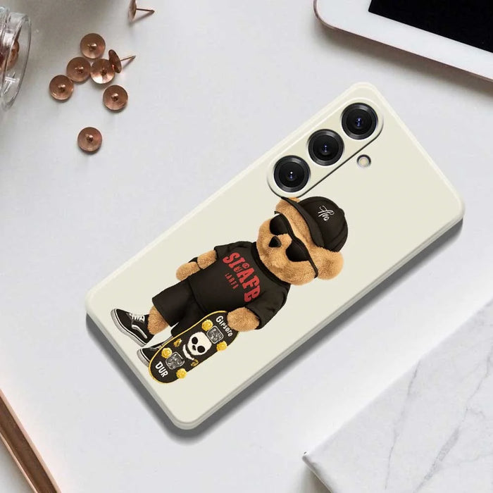 For Samsung Galaxy S25 Case Cool Bear Pattern Printing Straight Edge TPU Phone Back Cover - Beige - 7