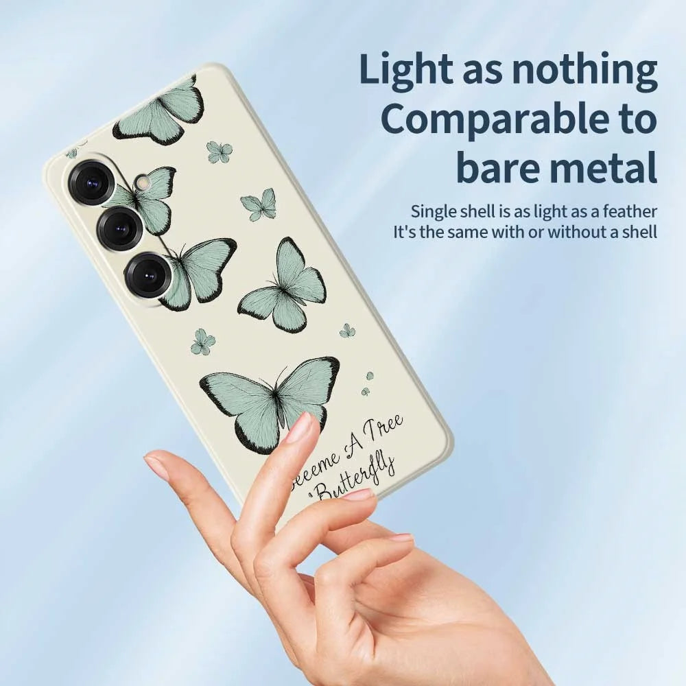 For Samsung Galaxy S25 Case Green Butterfly Pattern Printing Straight Edge TPU Phone Back Cover - Beige - 4