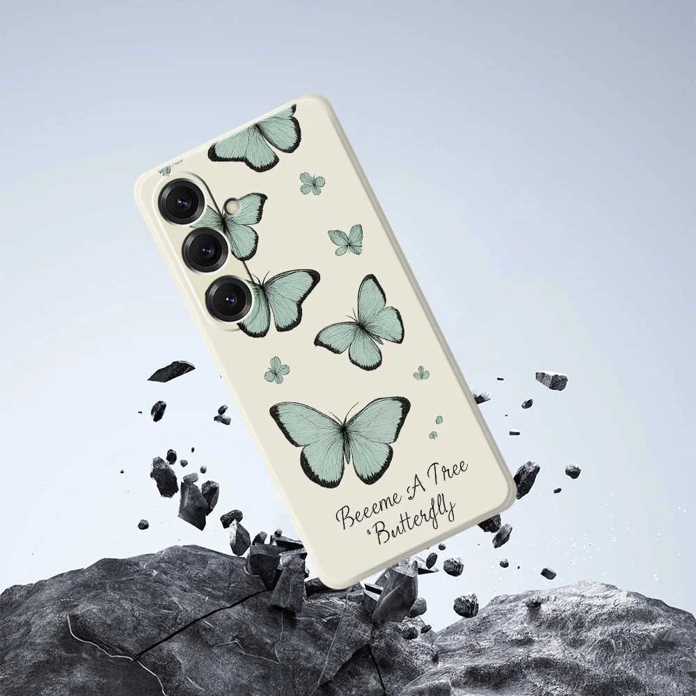 For Samsung Galaxy S25 Case Green Butterfly Pattern Printing Straight Edge TPU Phone Back Cover - Beige - 6
