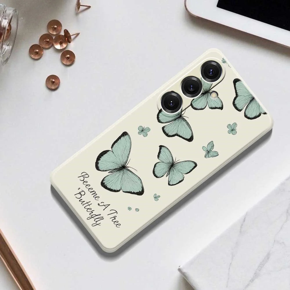 For Samsung Galaxy S25 Case Green Butterfly Pattern Printing Straight Edge TPU Phone Back Cover - Beige - 7