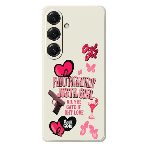 For Samsung Galaxy S25 Case Pink Elements Pattern Printing Straight Edge TPU Phone Back Cover - Beige - 1