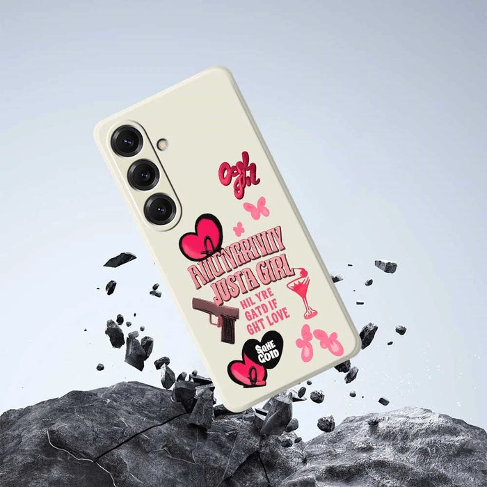 For Samsung Galaxy S25 Case Pink Elements Pattern Printing Straight Edge TPU Phone Back Cover - Beige - 6
