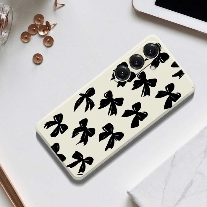 For Samsung Galaxy S25 Case Black Bow Pattern Printing Straight Edge TPU Phone Back Cover - Beige - 7